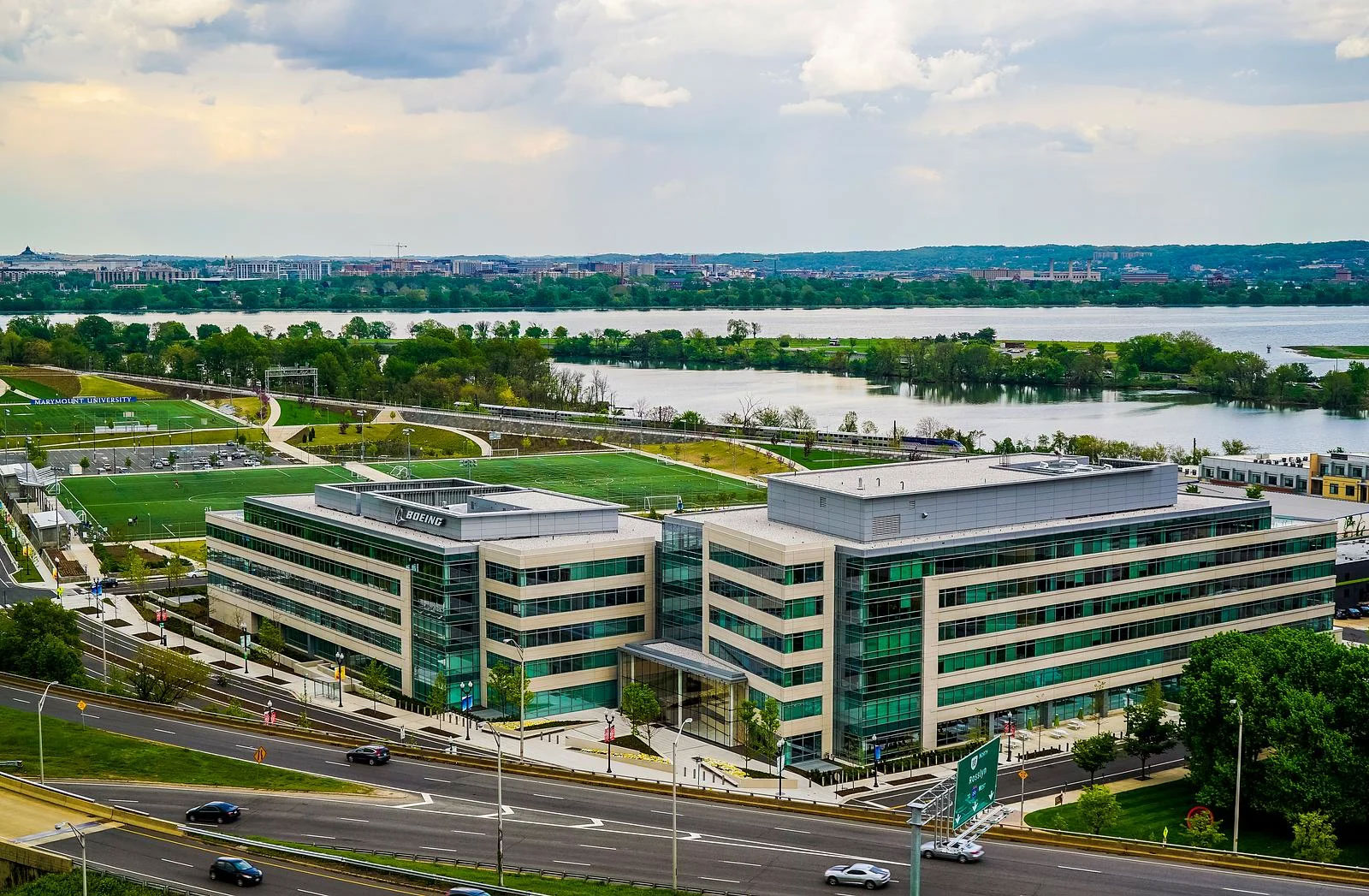 A color photo of an office building. 