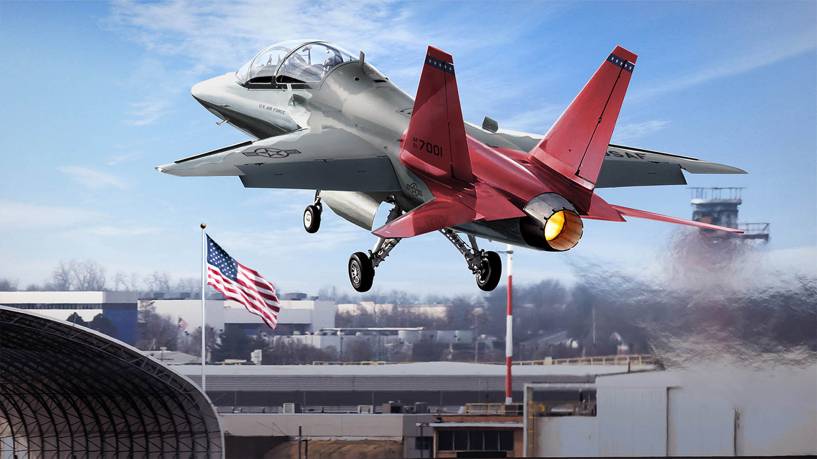 セントルイス・ランバート国際空港を離陸するT-7Aレッドホーク高等練習機。米空軍が将来の戦闘機・爆撃機パイロットの訓練に使用する新たなジェット機として設計、製造、試験が行われています。© Boeing photo